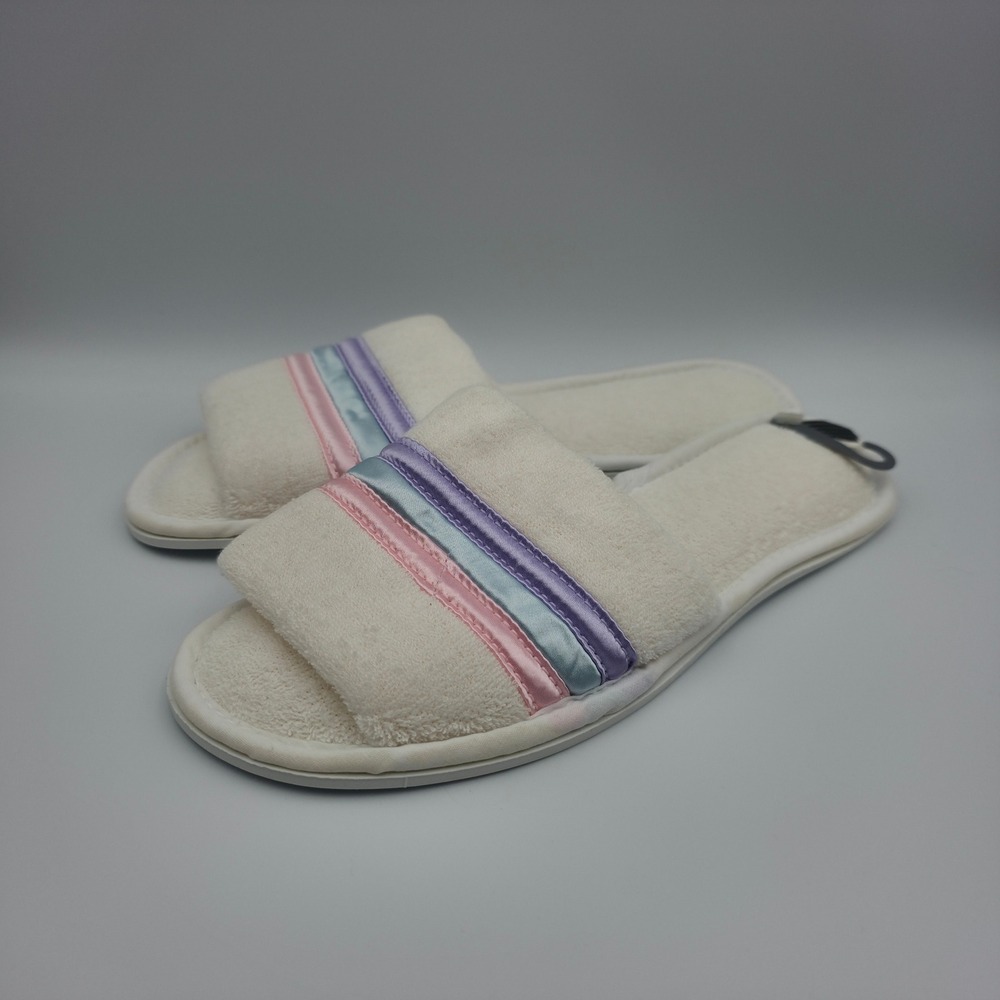 Vintage Womens Spa Slippers Ivory Pastel Satin Stripe Slide Large 8-9